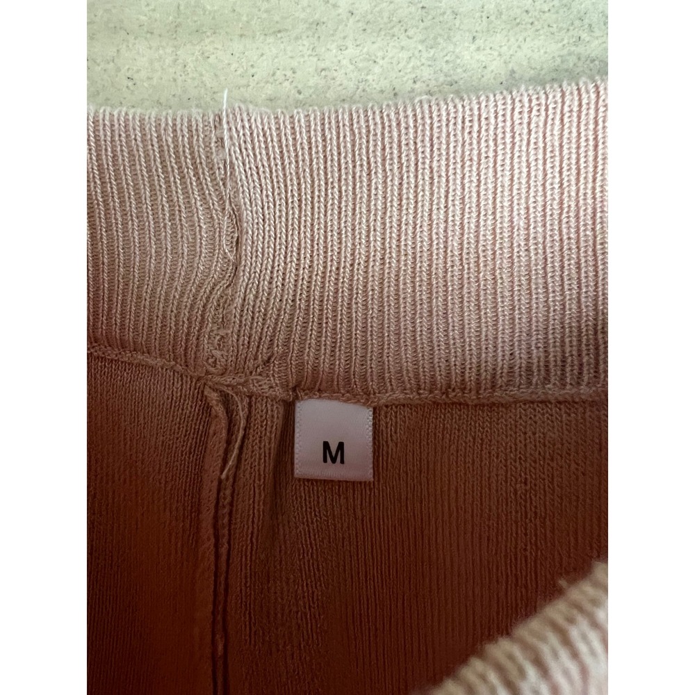 Matching Knit Two Piece Set Top & Wide Leg Crop Pants Tan White Trim Size Medium - Picture 9 of 10